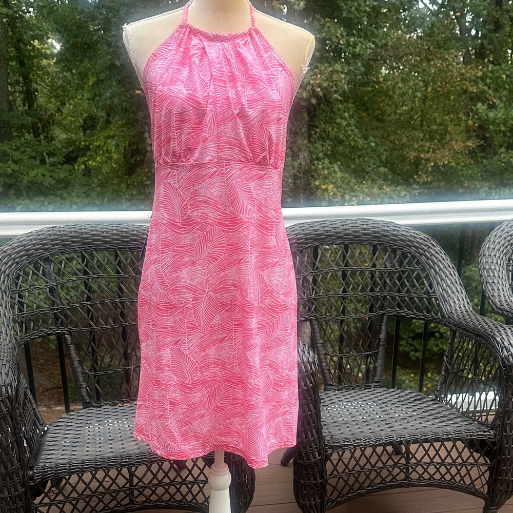 Peach Colored Halter Dress with Leaf Pattern